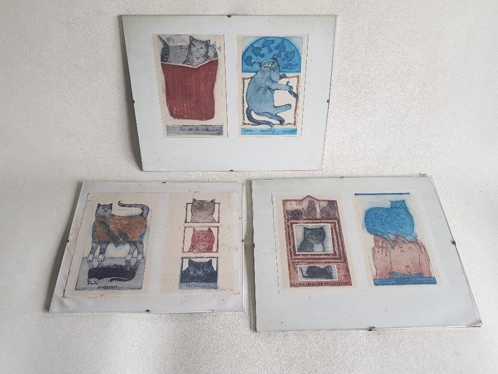 Karin Campfens katten 6 prenten / kaarten 1992, Antiek en Kunst, Ophalen of Verzenden, Overige technieken