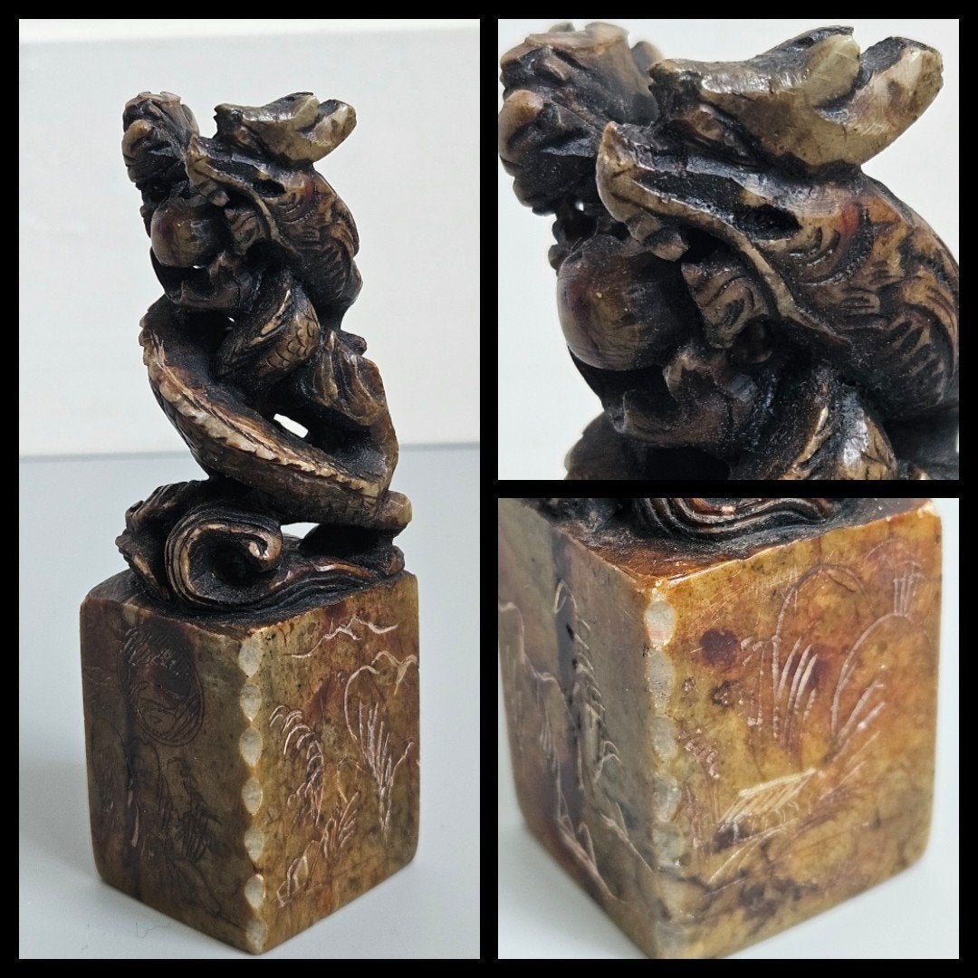 Antiek uit speksteen gesneden Chinese stempel, drakendecor, Natuurlijk materiaal, Ophalen of Verzenden, China, Handgemaakt
