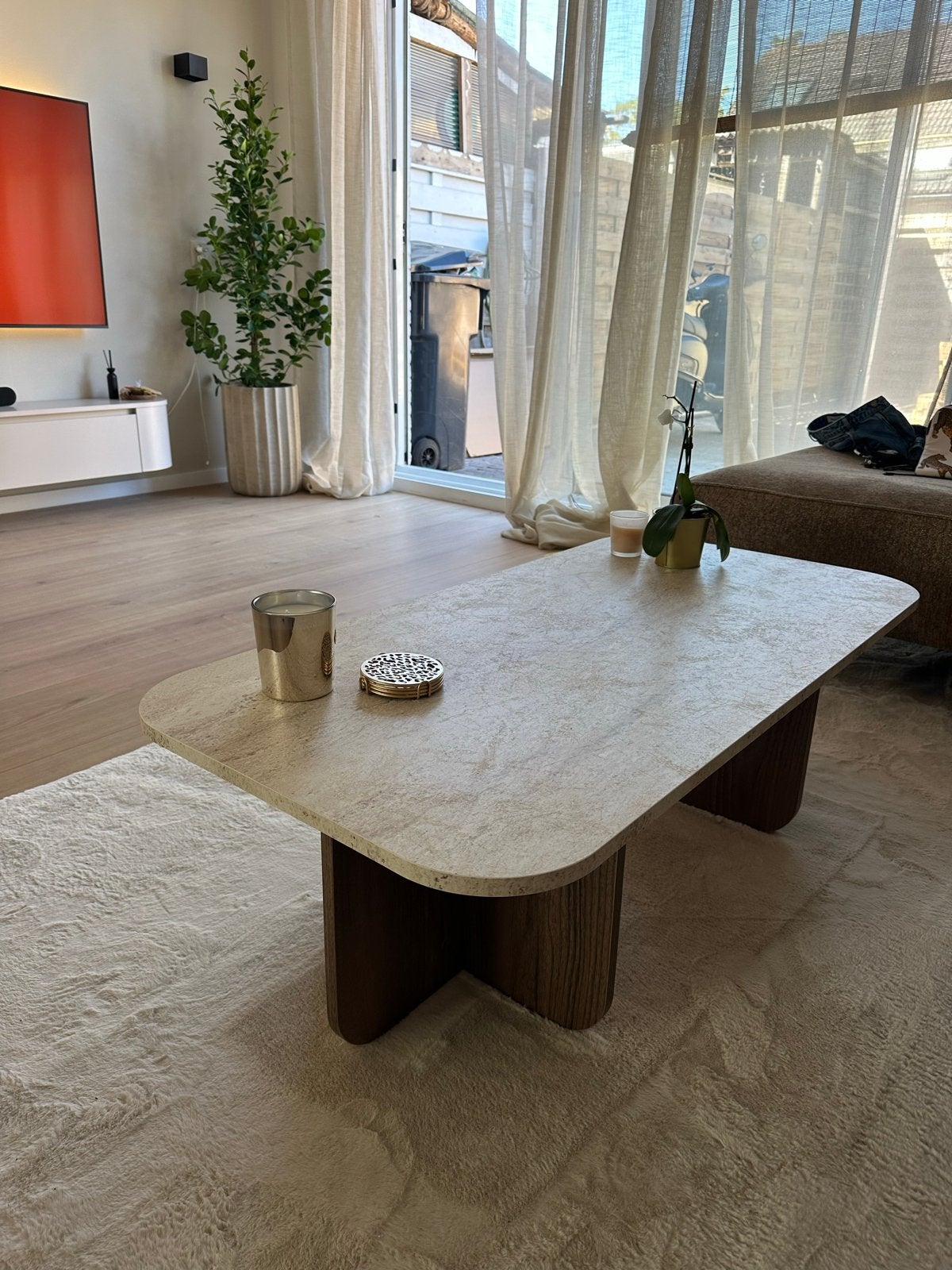 Salontafel walnoot met travertin top - Japandi, Huis en Inrichting, Tafels | Salontafels, Ophalen, 100 tot 150 cm, 50 tot 100 cm