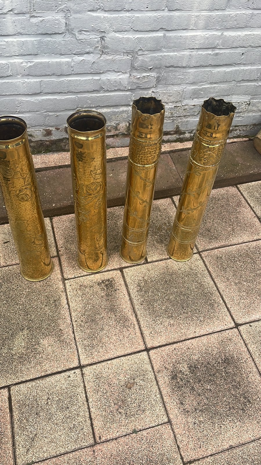 Vier bewerkte hulzen eerste wereldoorlog, Ophalen of Verzenden, Landmacht, Overige gebieden, Hulzen of Bodemvondsten