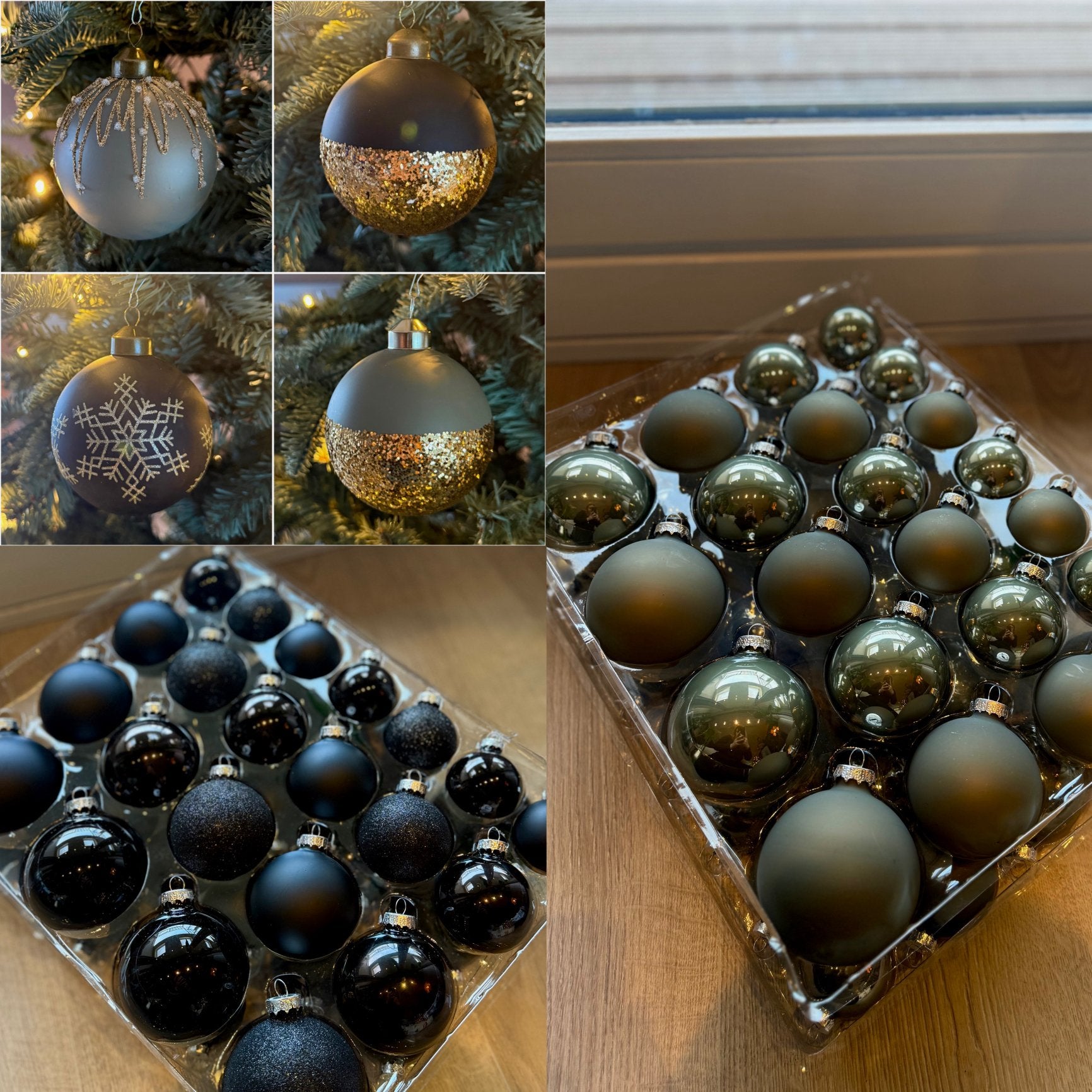 Glazen kerstballenset zwart & cottage green + luxe ballenset, Diversen, Ophalen, Zo goed als nieuw