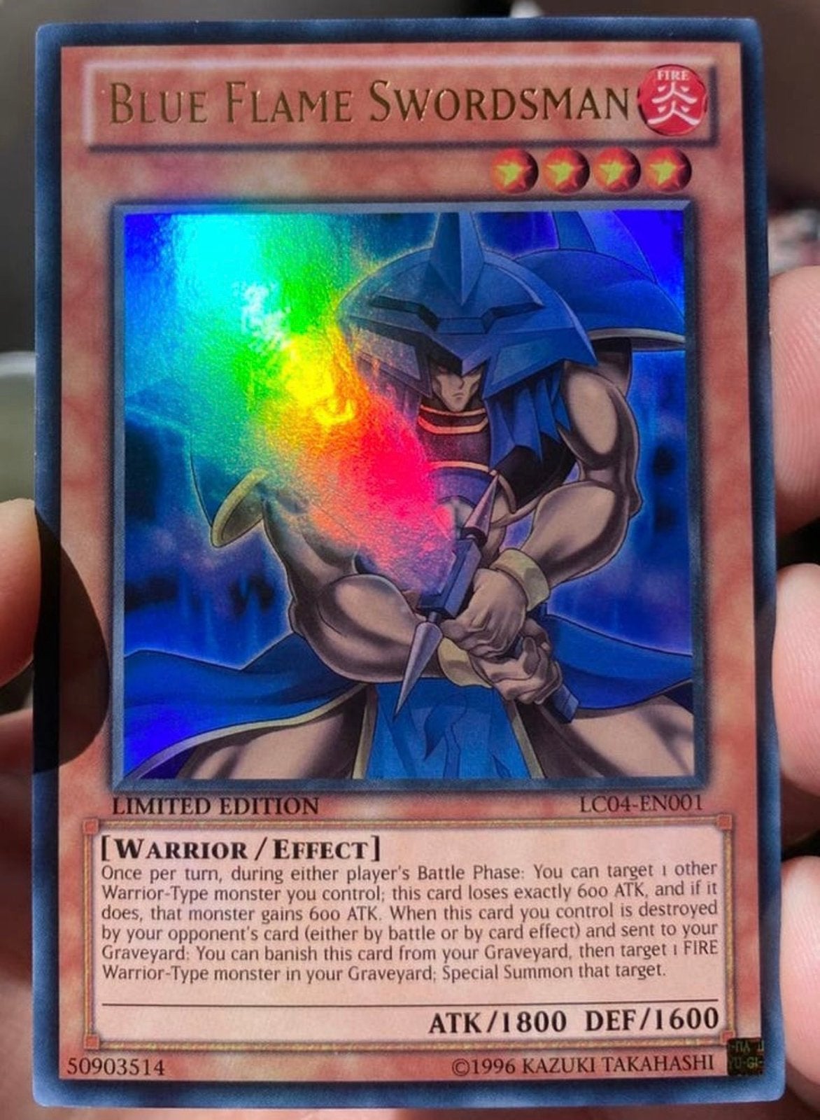 Yu-Gi-Oh! Blue Flame Swordsman LC04 Limited Promo !, Ophalen of Verzenden, Gebruikt, Losse kaart, Foil
