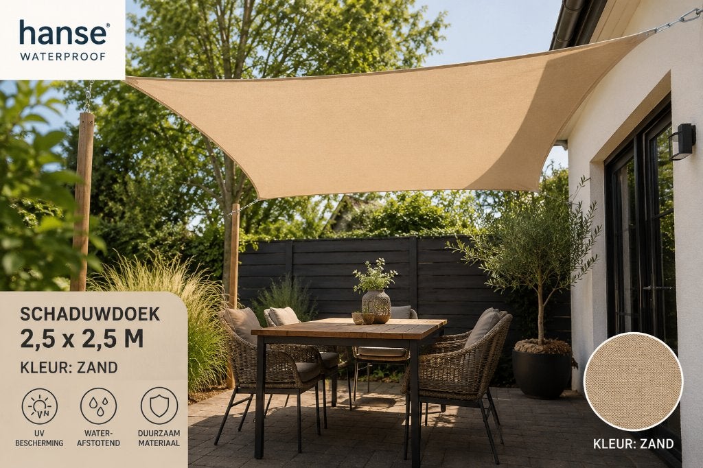 Nieuw: Schaduwdoek 2,5 x 2,5 zandkleurig (waterafstotend), Ophalen of Verzenden, Nieuw