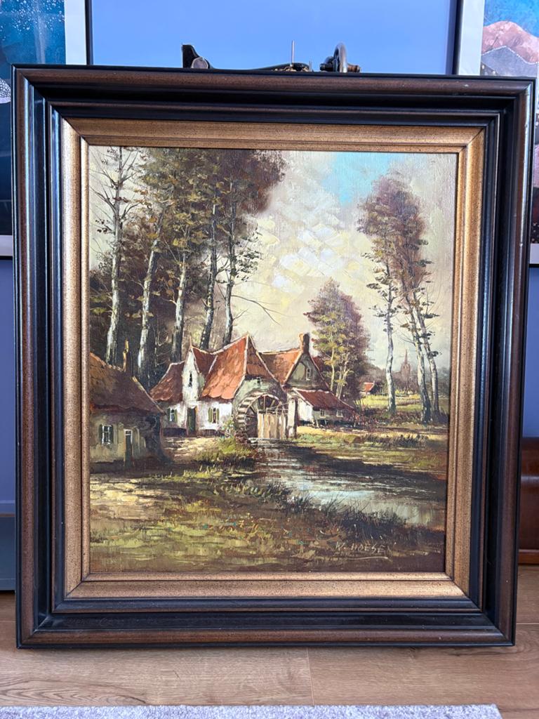 Olieverfschilderij W. Hoesen - Molenlandschap, Antiek en Kunst, Ophalen