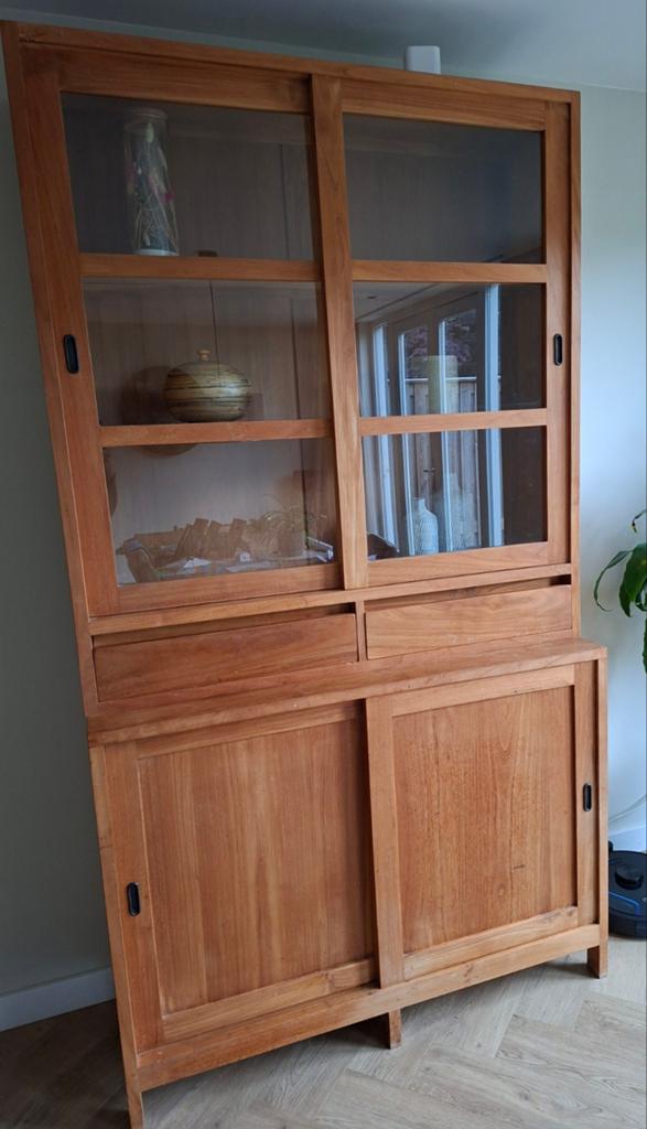 Houten buffetkast / vitrinekast teak, Ophalen, Gebruikt, 100 tot 150 cm, 200 cm of meer