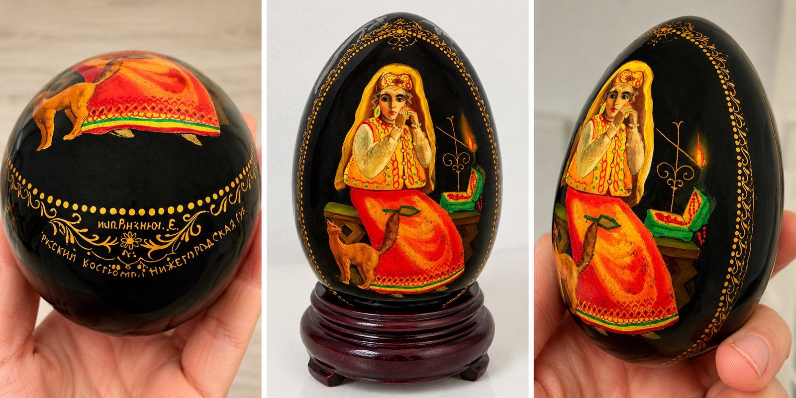 Russisch handbeschilderd lak-ei – gesigneerd, Antiek en Kunst, Overige herkomsten, Ophalen of Verzenden, Geschilderd, Hout