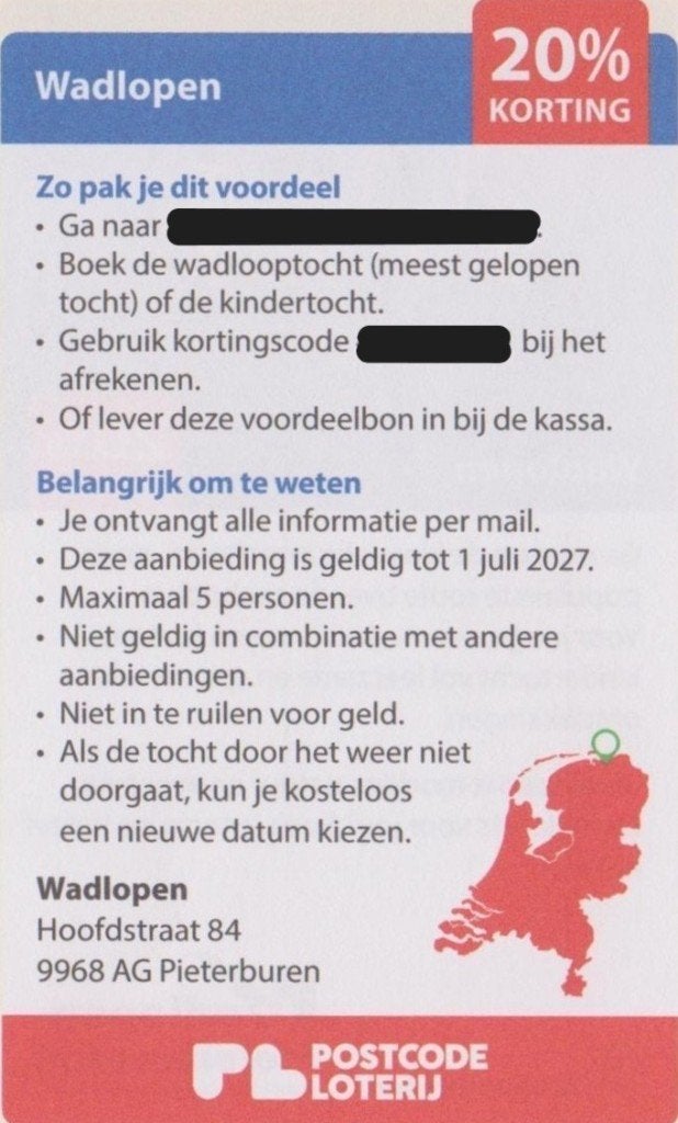 Wadlopen vanuit Pieterburen 20% korting. Postcodeloterij bon, Drie personen of meer, Kortingsbon