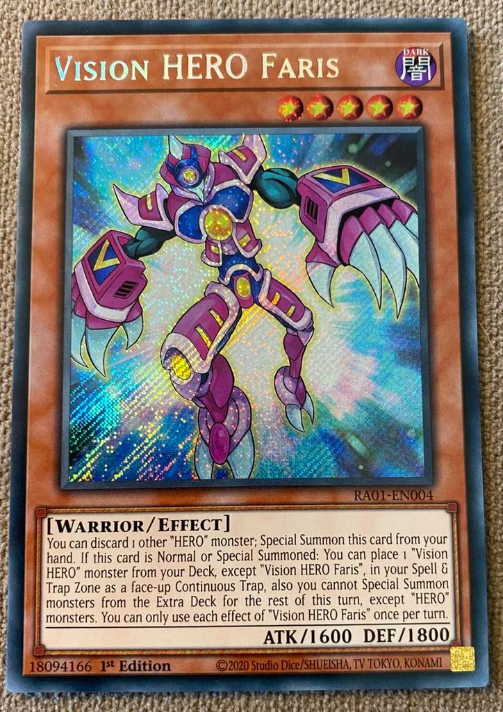 Yu-Gi-Oh! Vision HERO Faris RA01 1st Edition !, Ophalen of Verzenden, Zo goed als nieuw, Losse kaart, Foil
