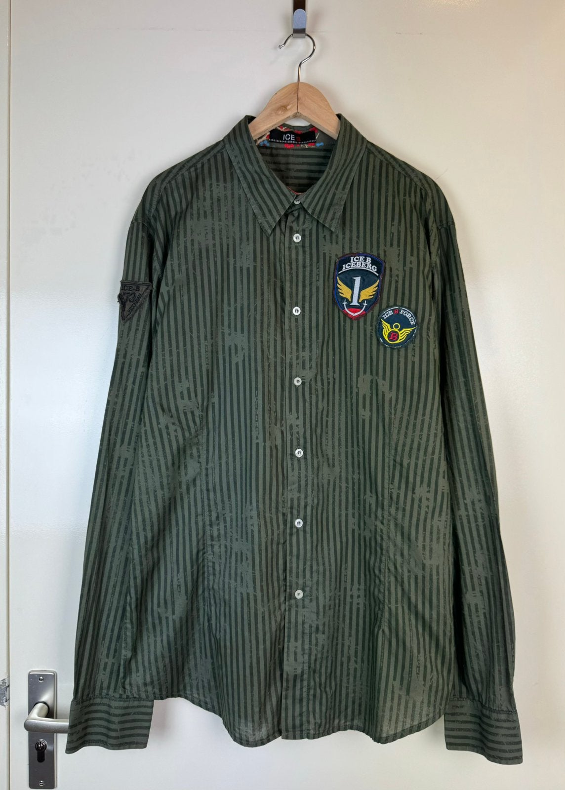 ICEBERG Vintage Work Shirt Japanese Style Logo Patch Striped, Ophalen of Verzenden, Zo goed als nieuw, Groen, Overige halswijdtes