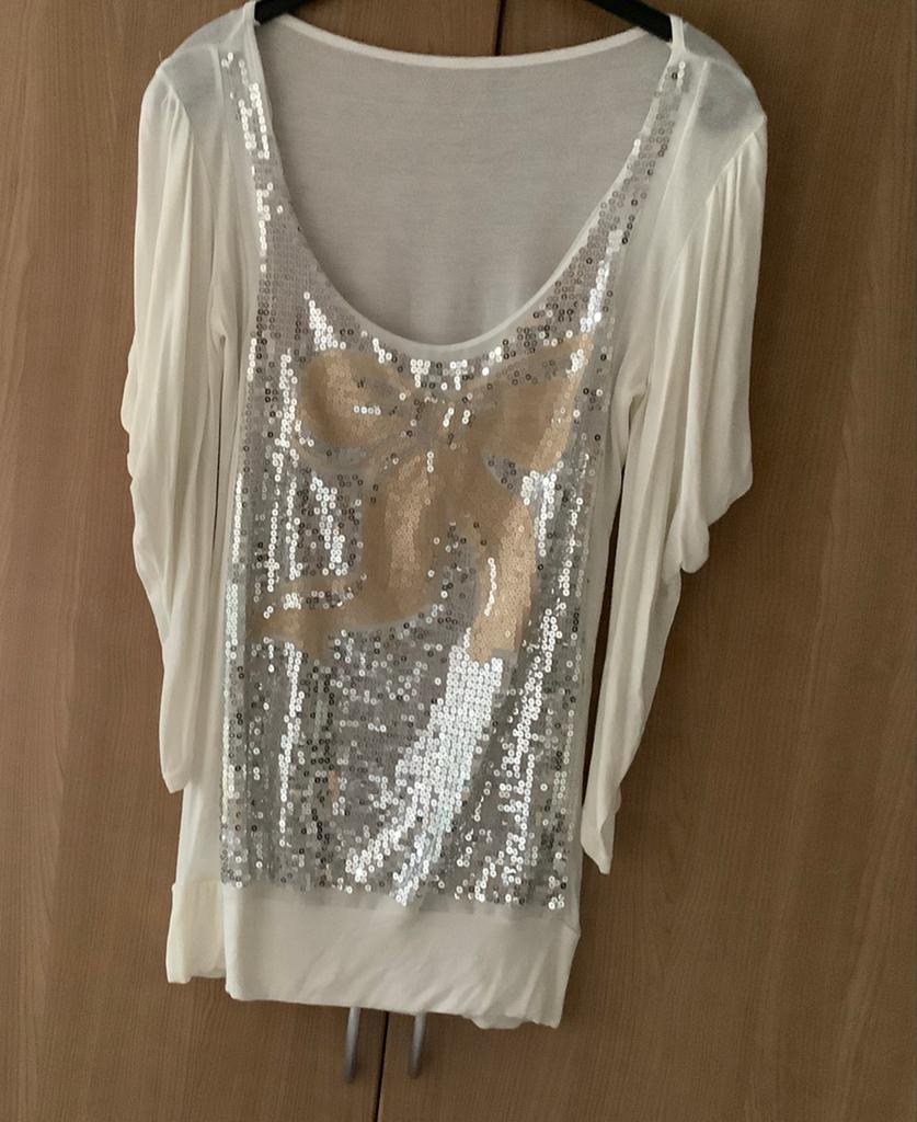 Witte top met zilveren en gouden pailletten strik mt S, Maat 38/40 (M), Verzenden, Wit, Zo goed als nieuw