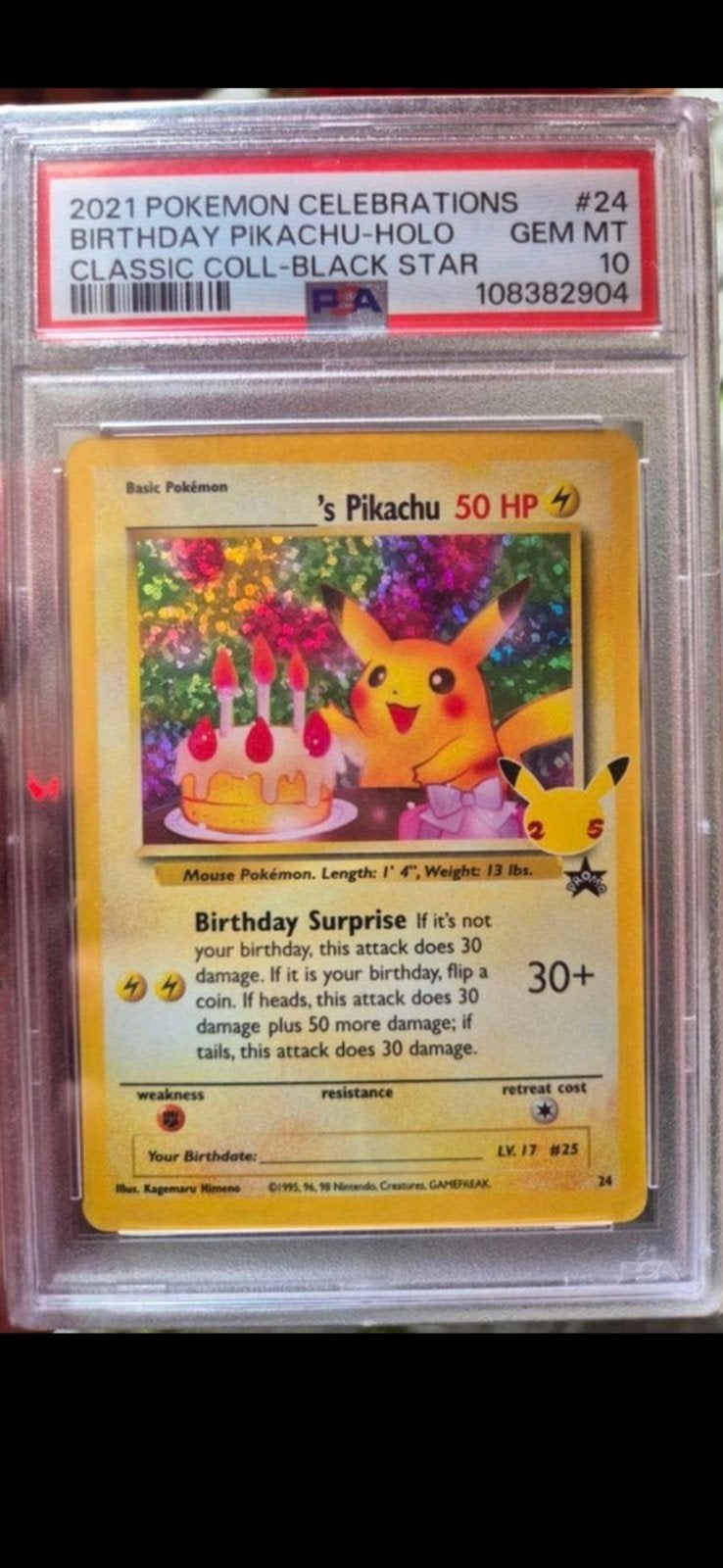 2021 Pokémon Celebrations Birthday Pikachu Holo PSA 10, Ophalen of Verzenden, Nieuw, Losse kaart, Foil