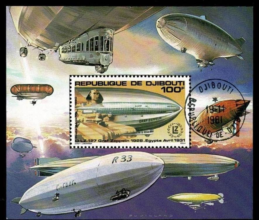 Luchtschepen op postzegelblok Djibouti o.a. Zeppelin, Verzamelen, Verzenden, Gebruikt, Overige typen