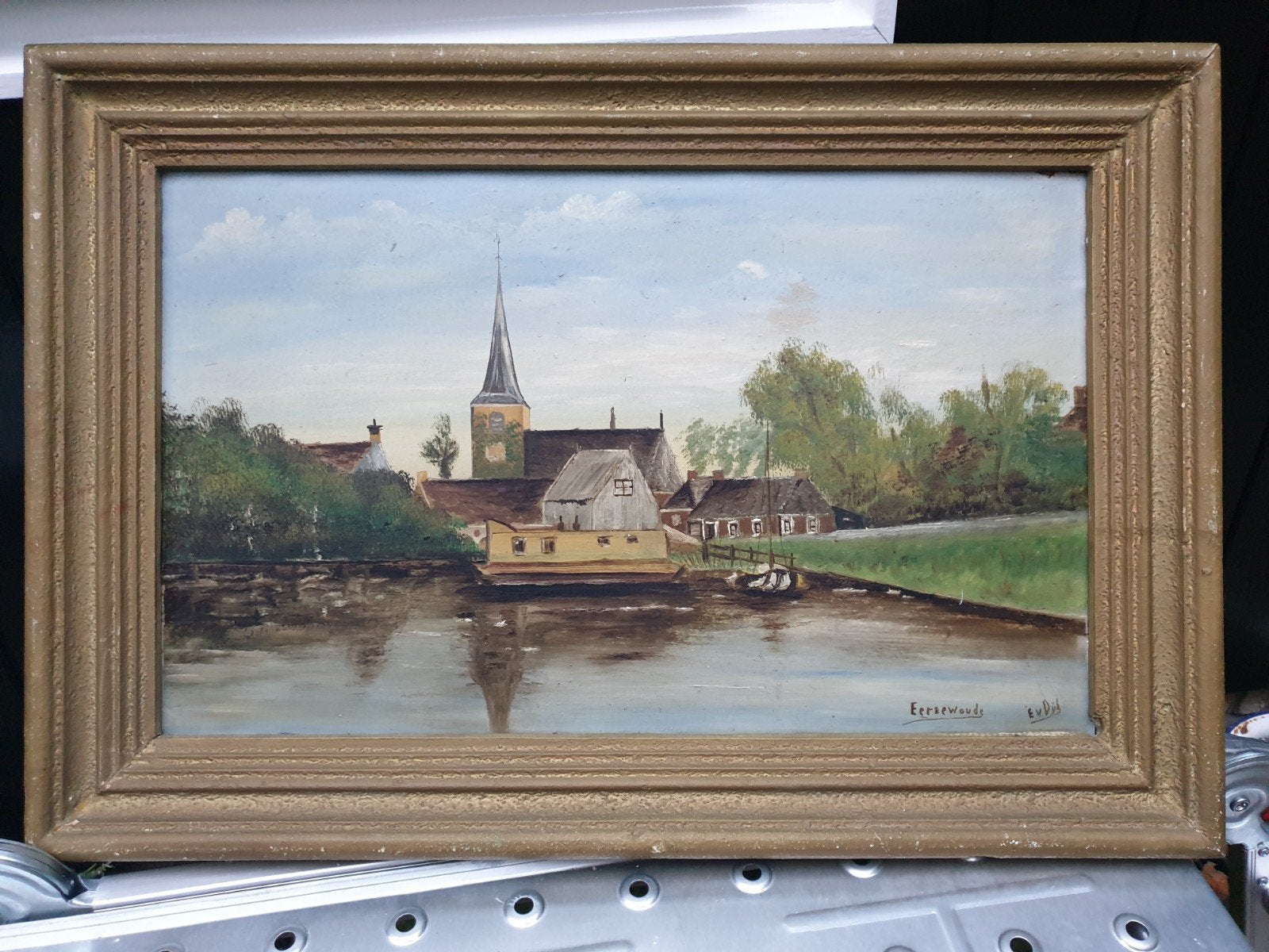 Olieverf schilderij Eernewoude door E. van Dijk, Ophalen, 1980 tot heden, Friesland