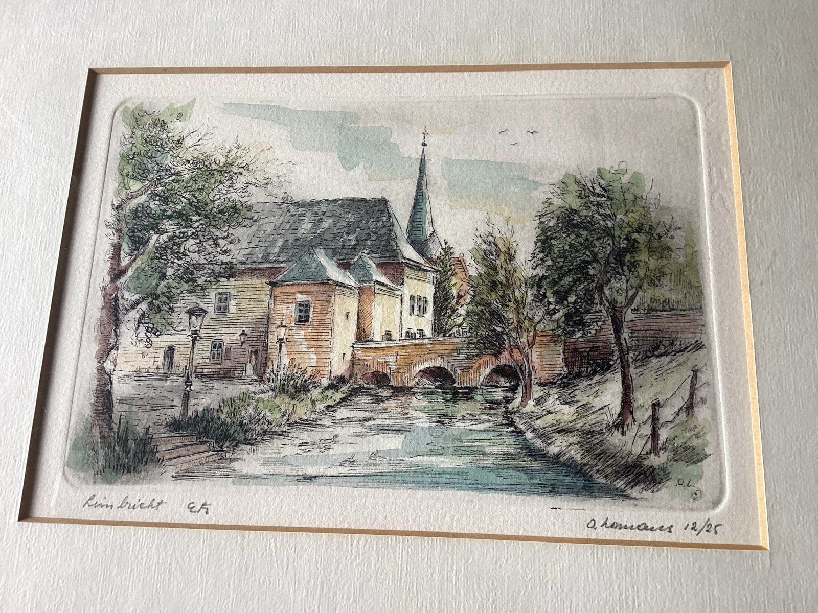 Kasteel met brug - Handgekleurde ets door A. Hommeles, Ophalen of Verzenden, Landschap, 1950 - 1999, Genummerd