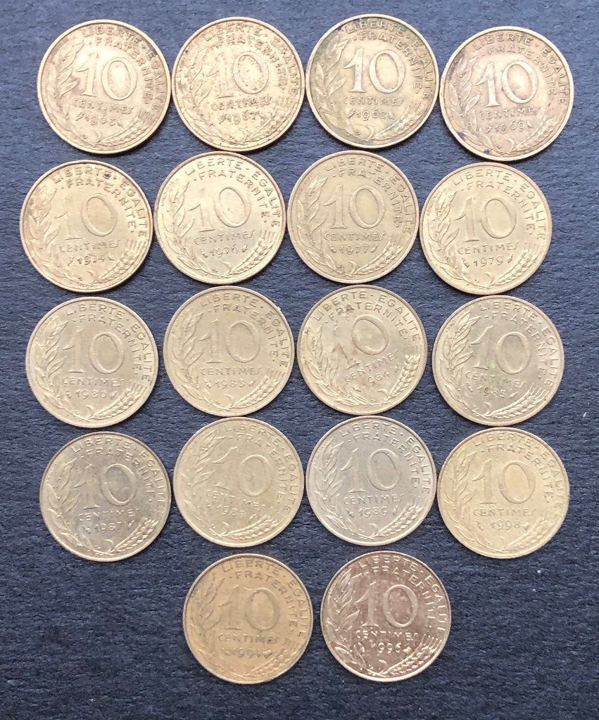 18 munten 10 centimes Frankrijk 1963 - 1998, Ophalen of Verzenden, Frankrijk