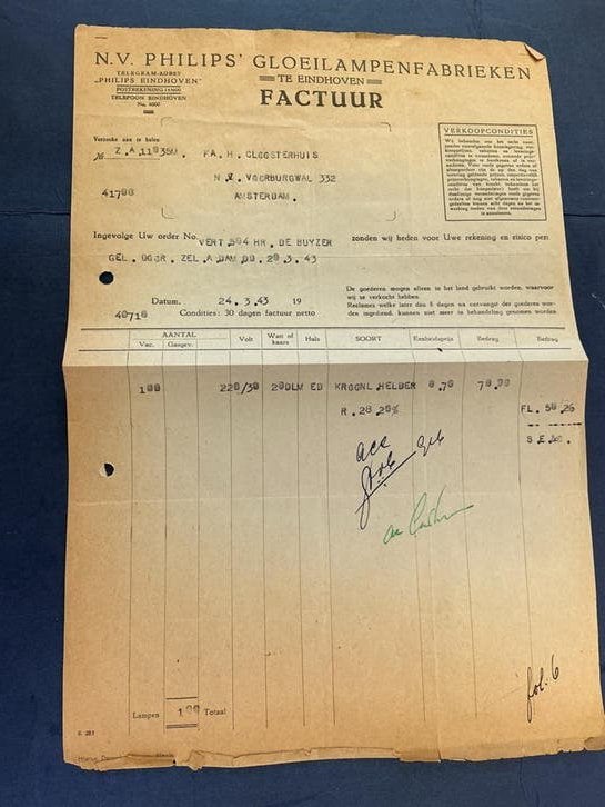 Historische Philips Gloeilampenfabrieken Factuur 1943, Verzenden