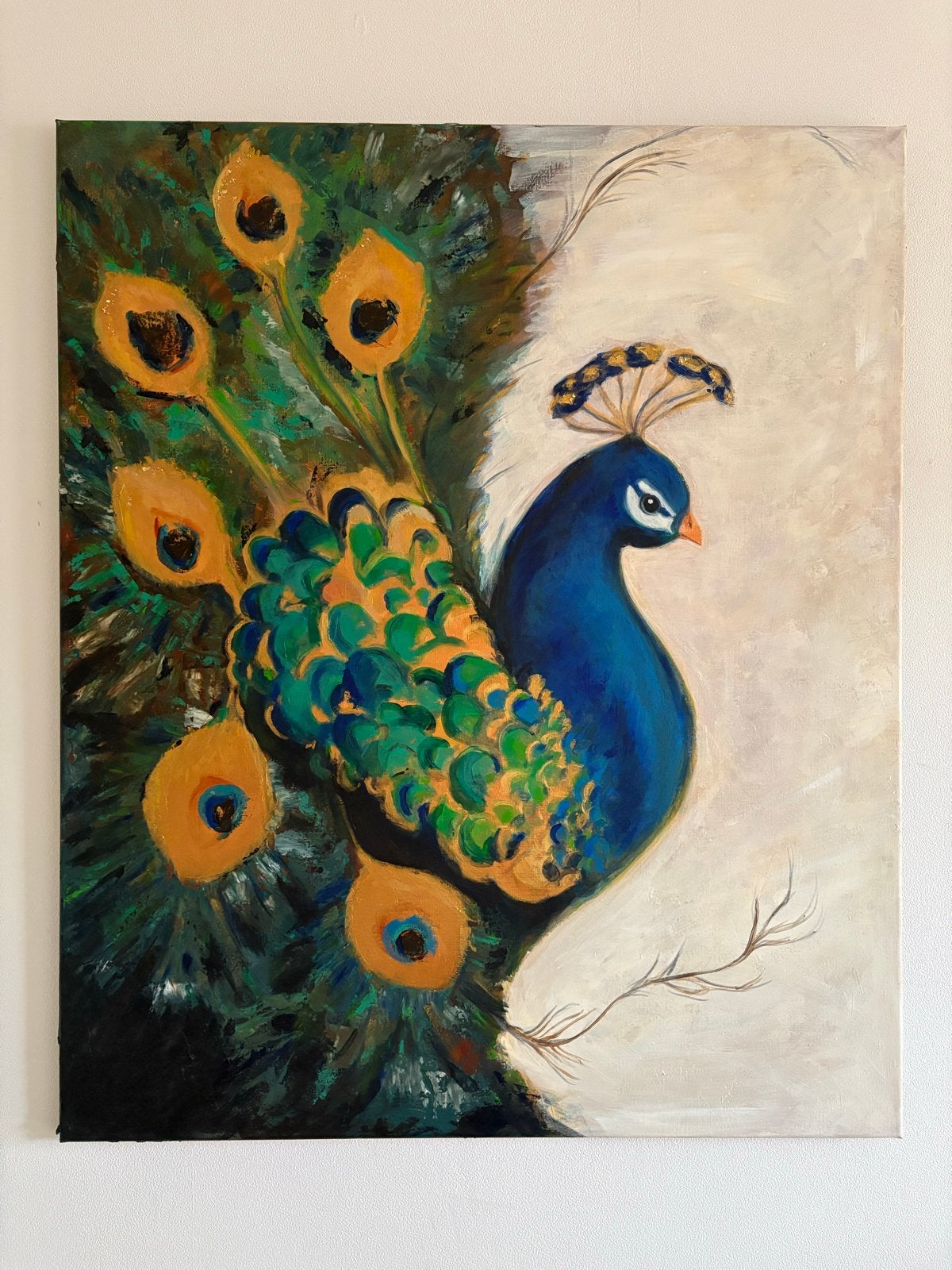 Schilderij Pauw - Levendige Acrylverf en bladgoud, Ophalen, Acrylverf, Handgeschilderd, Dieren
