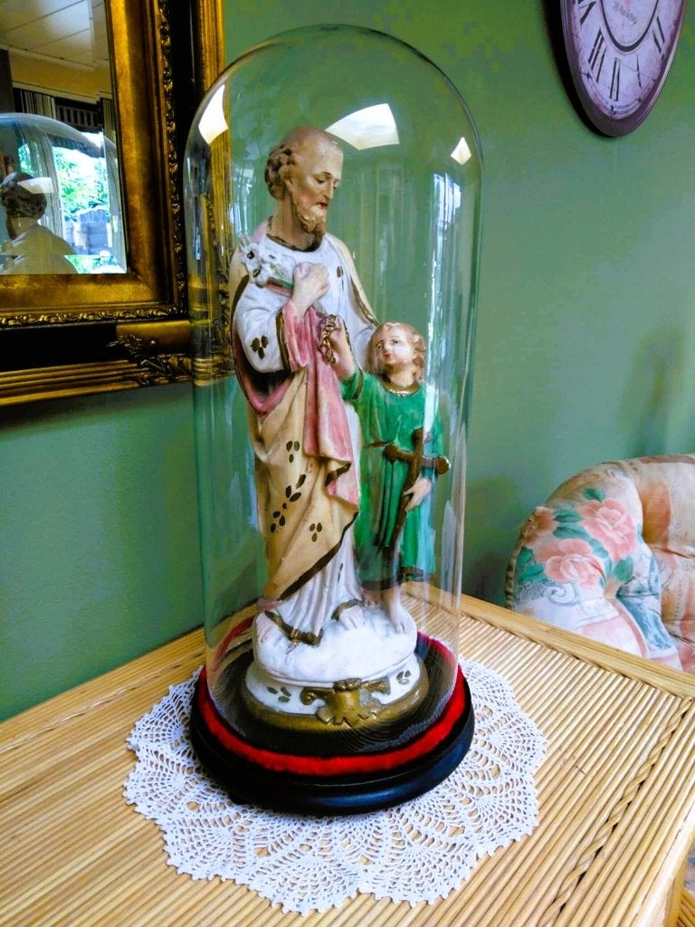 Religieus beeld Sint‑Jozef & Kind Jezus onder stolp., Ophalen, Beeld(je)