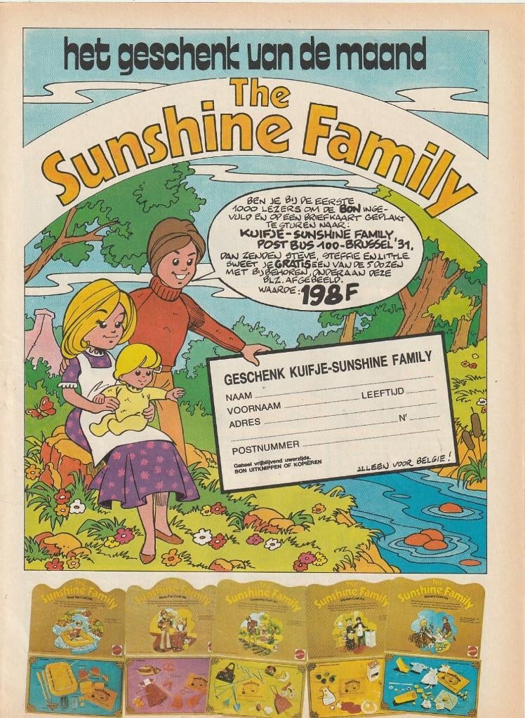 Retro reclame 1977 Mattel Sunshine Family 5 nieuwe setjes, Verzenden, Overige typen