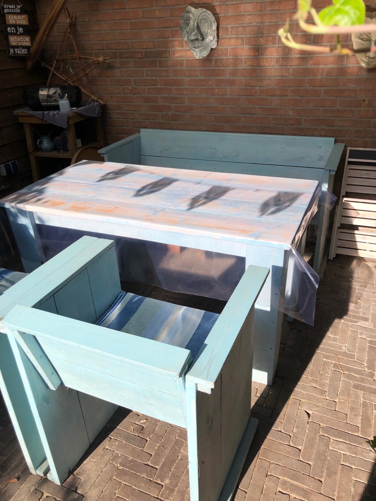 Steigerhouten blauwe tuinset met bank, 2 stoelen en tafel, Ophalen, 4 zitplaatsen, Gebruikt, Steigerhout