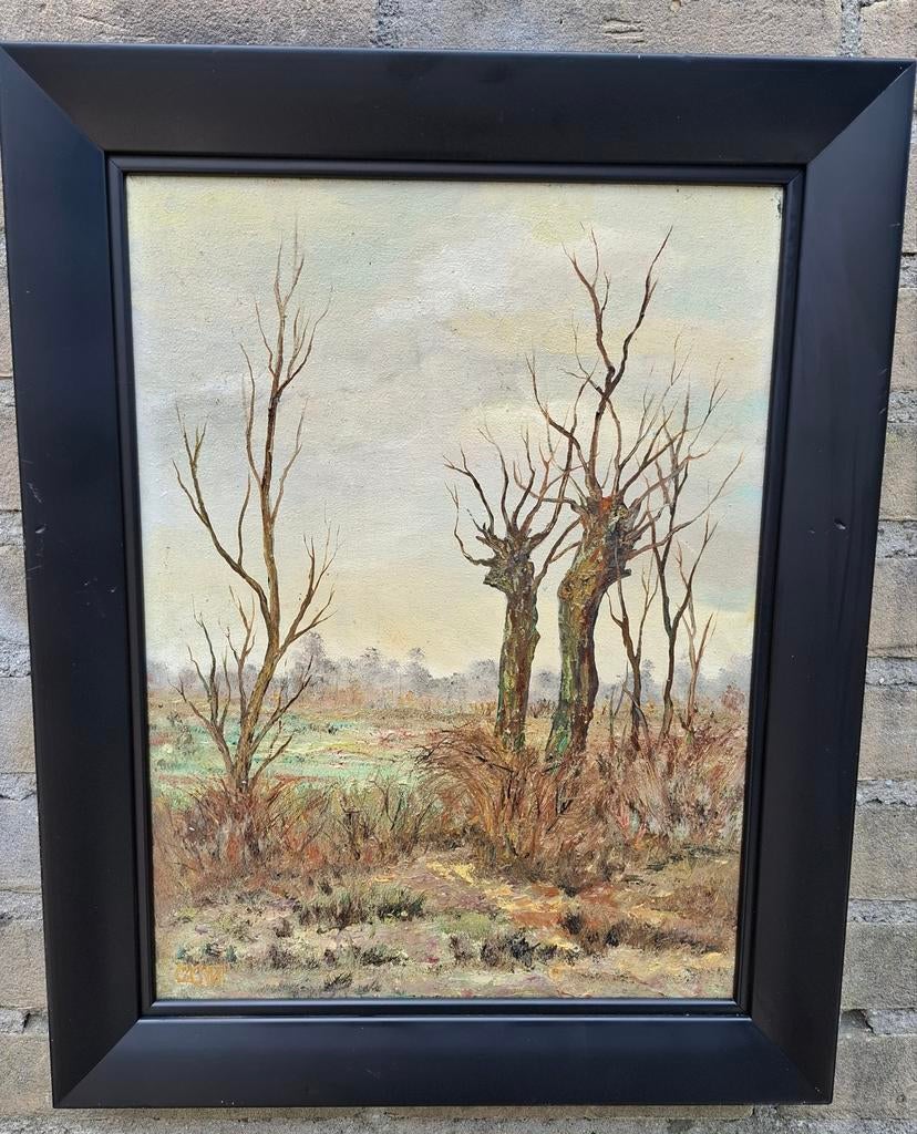 Knotwilgen in weids landschap.  Sign. Olie/doek.  39/49 cm., Antiek en Kunst, Ophalen