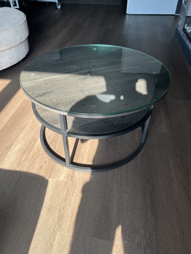 Moderne ronde salontafel met glas en hout, Ophalen, Glas, 50 tot 100 cm, Rond