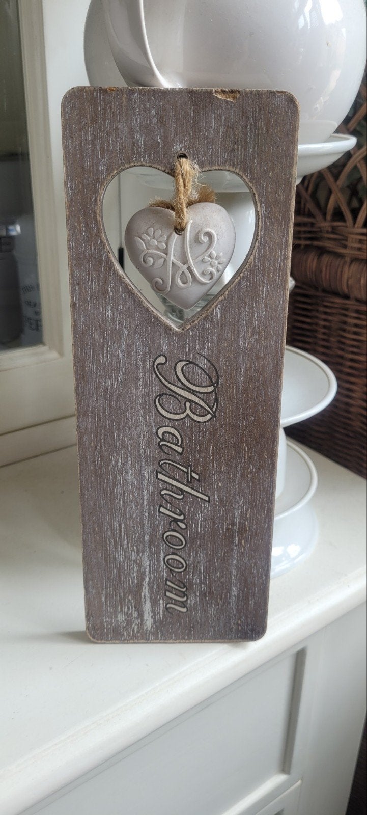 Houten Badkamer Deurbordje met Hartje, Huis en Inrichting, Woonaccessoires | Overige, Zo goed als nieuw, Hout, Bruin, Landelijk