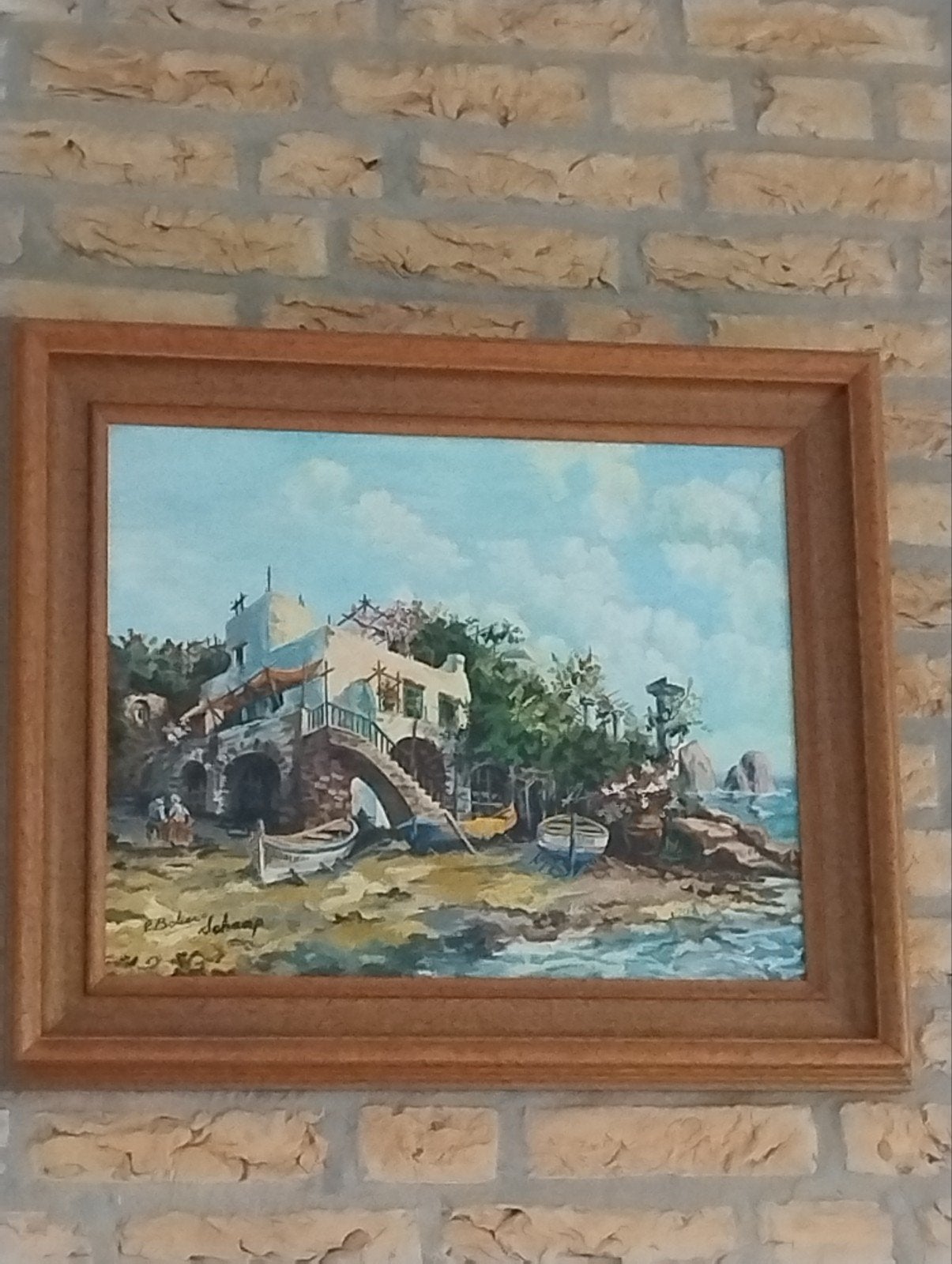 Schilderij: Mediterraan kustlandschap met boten, Maritiem / water, Doek, Realistisch, Ophalen of Verzenden