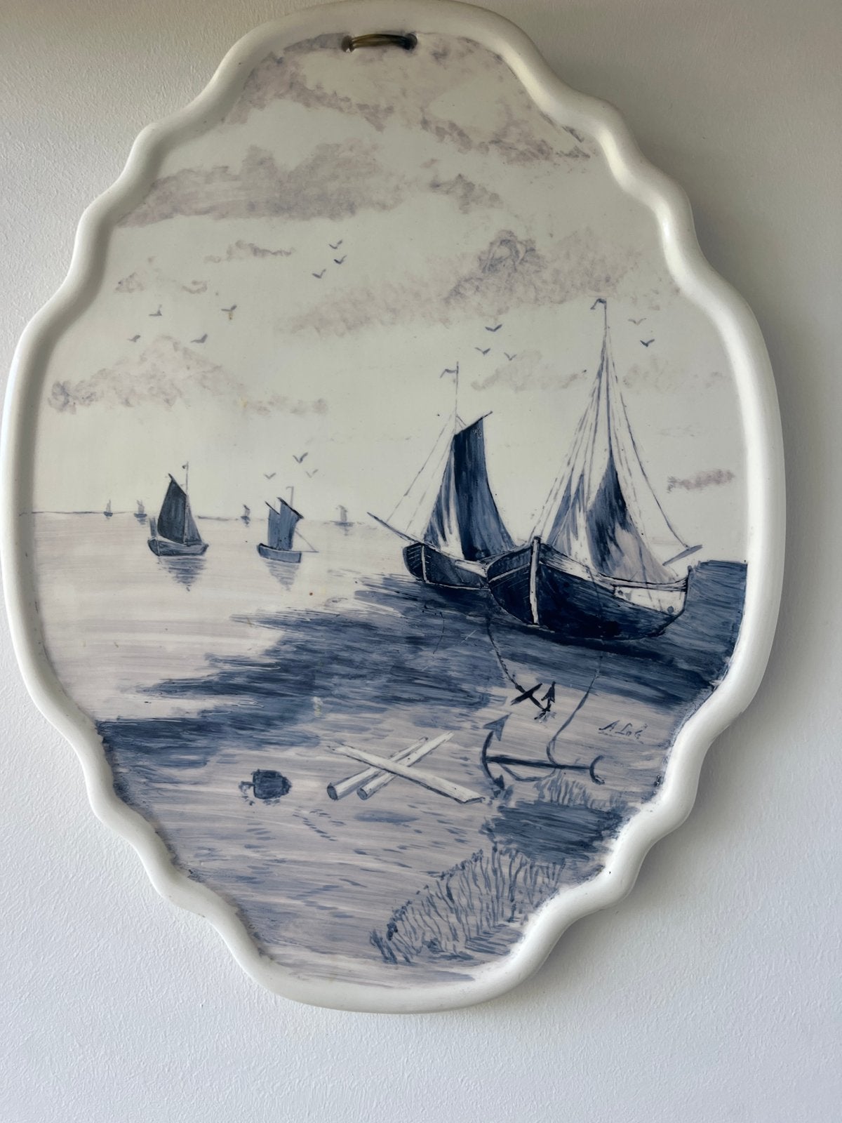 Delfts Blauw Wandbord - Zeegezicht met Boten (40x32 cm), Ophalen