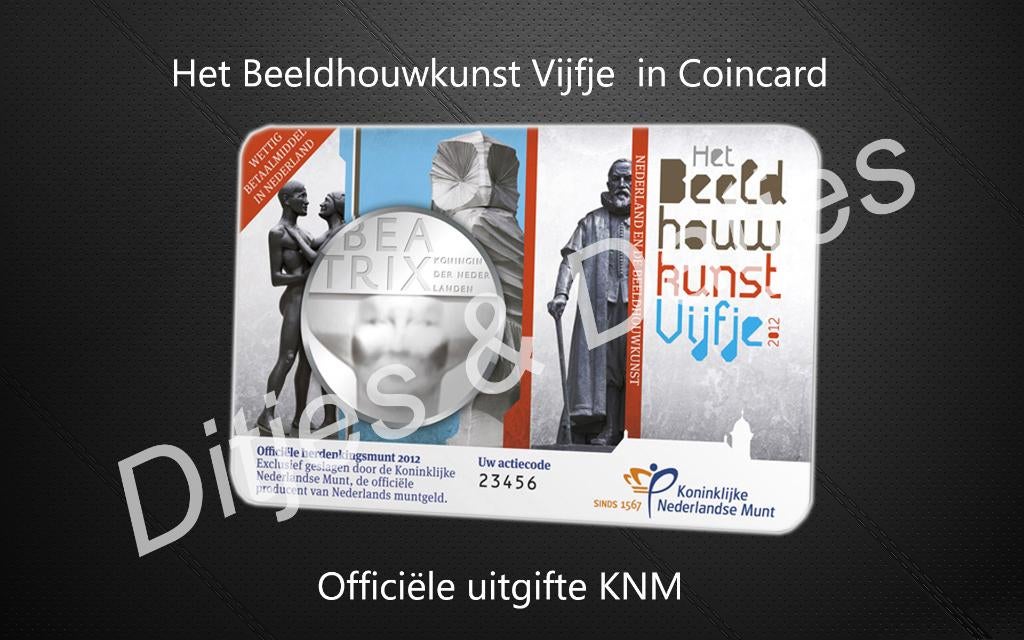 Beeldhouwkunst Vijfje in coincard KNM 5 euro herdenkingsmunt, Ophalen of Verzenden, Koningin Beatrix, Euro's