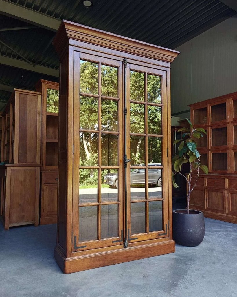 Klassieke eikenhouten vitrinekast | Hoge servieskast  #9169, 100 tot 150 cm, -, 200 cm of meer, Ophalen of Verzenden