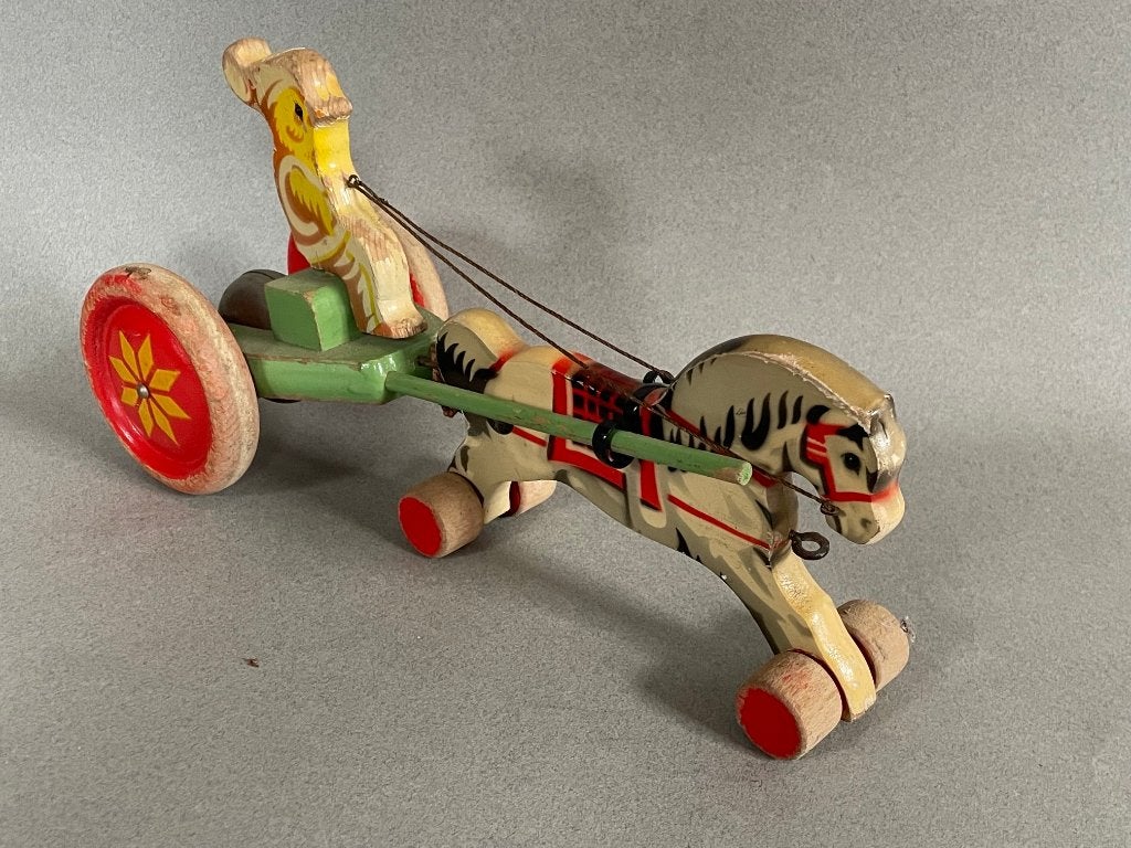 Zeldzame GECEVO houten paard en wagen met kuiken op de bok, Ophalen of Verzenden