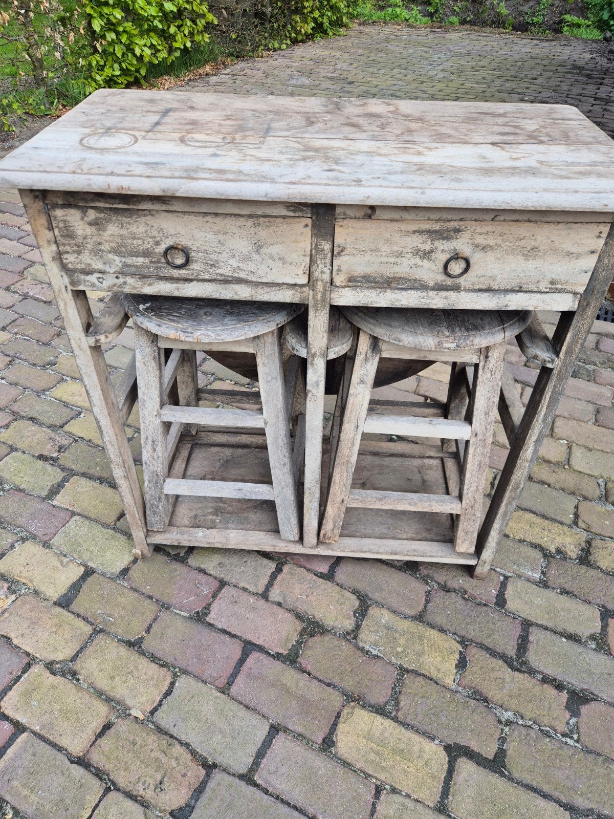 Vintage houten inklapbare tafel met krukjes, Antiek en Kunst, Antiek | Meubels | Tafels, Ophalen of Verzenden