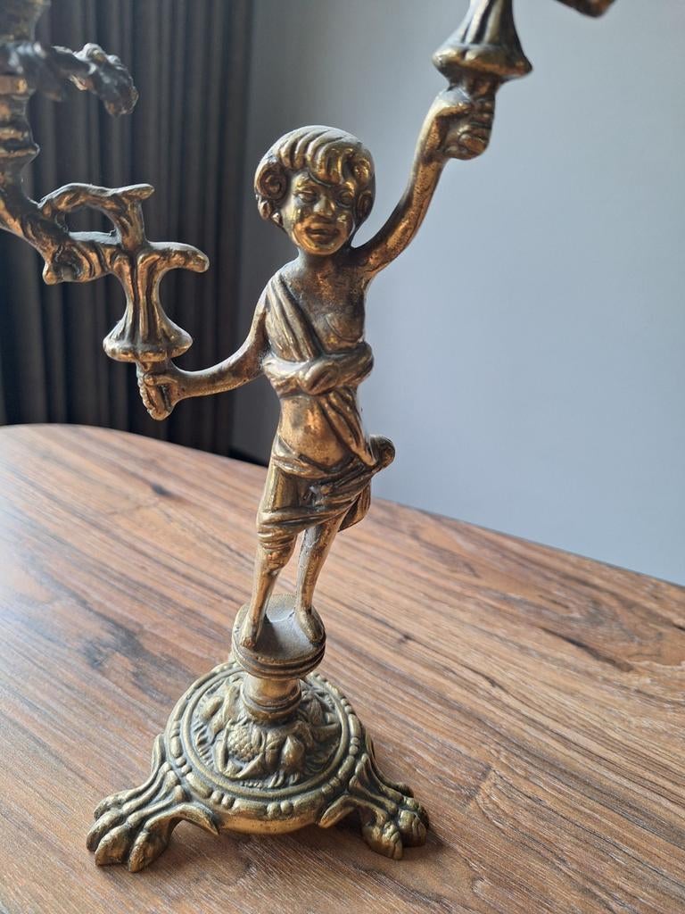 Antieke kandelaar met cherubijn - 32cm hoog, Antiek en Kunst, Ophalen of Verzenden