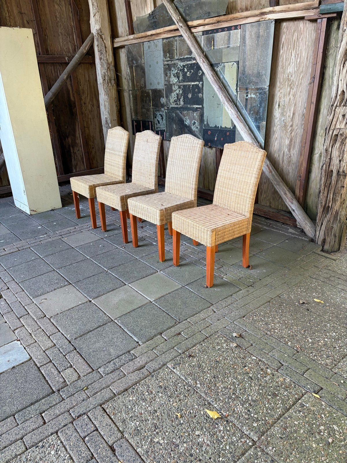 Rotan stoelen met houten poten - Set van 12 fa Flamant, Gebruikt, Bruin, Ophalen of Verzenden, Modern
