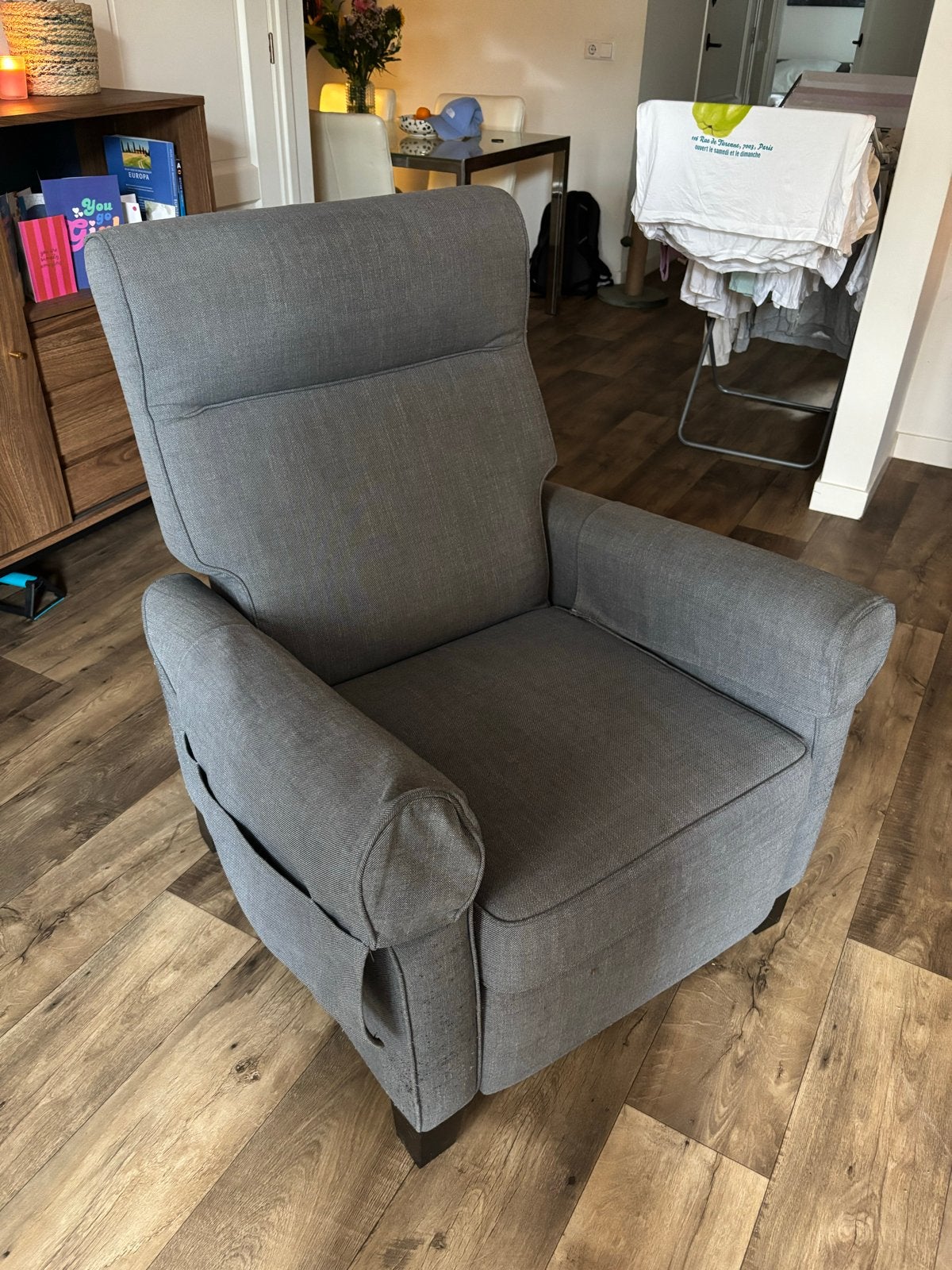 Grijze fauteuil met relaxfunctie, Huis en Inrichting, Ophalen, Gebruikt, 100 tot 125 cm, 75 tot 100 cm