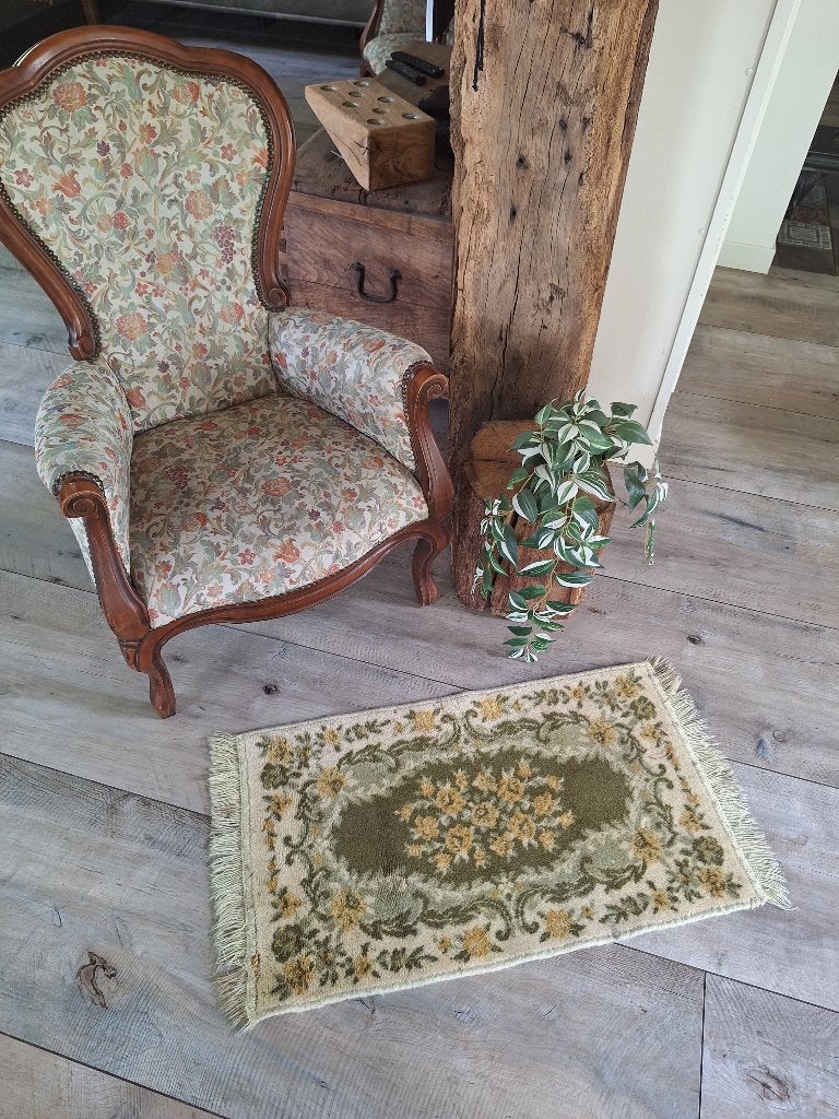 Vintage wollen kleed / tapijt * 100 x 51 cm * Groen/Geel, Gebruikt, 50 tot 100 cm, Vintage Klassiek Perzisch Oosters, Groen