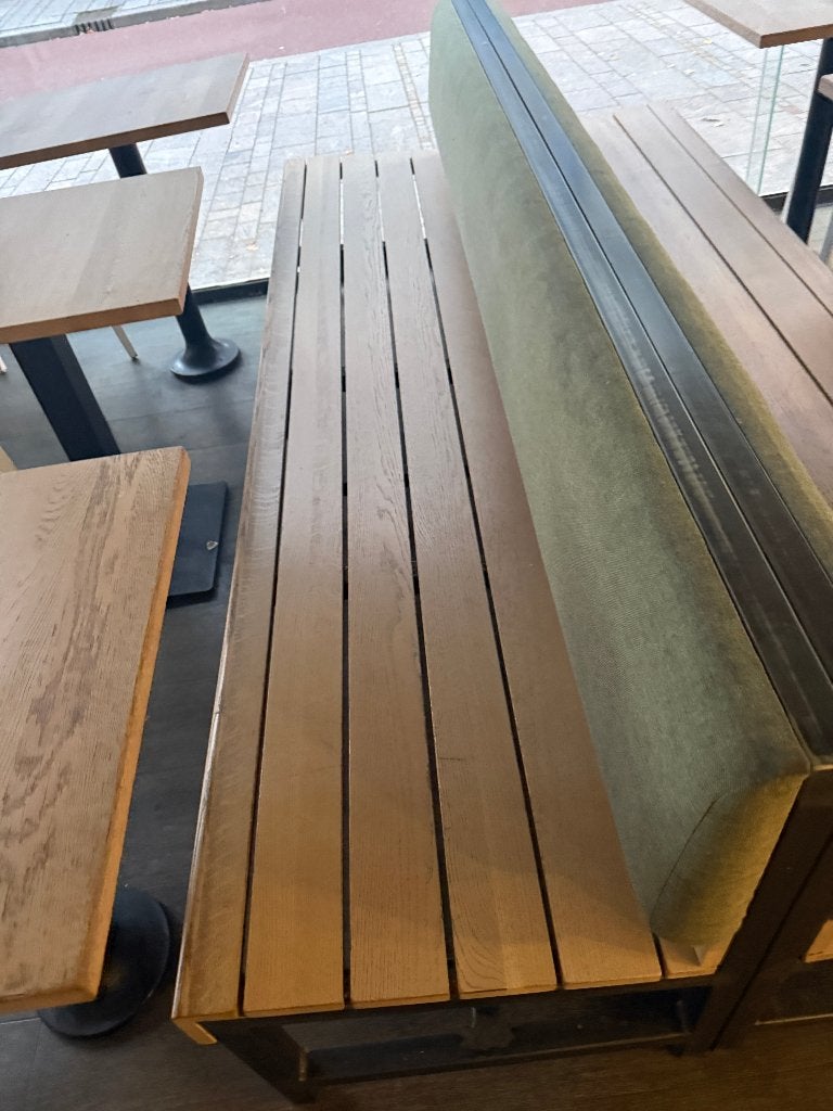 eiken houten bank met stalen frame, Ophalen, Gebruikt, Overige maten, Minder dan 75 cm