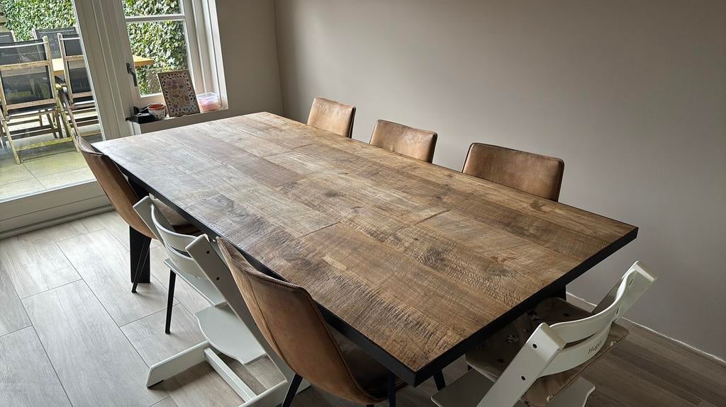 Houten tafel met stalen poten (225x100cm), Ophalen, Teakhout, 200 cm of meer, 50 tot 100 cm