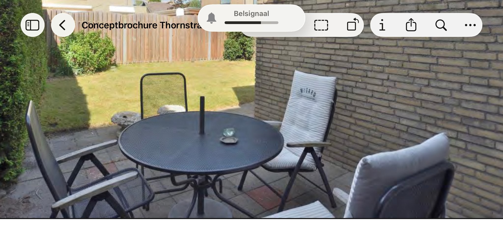 Tuinset met stoelen, kussens en parasol, Ophalen, Gebruikt, Eettafel, 6 zitplaatsen