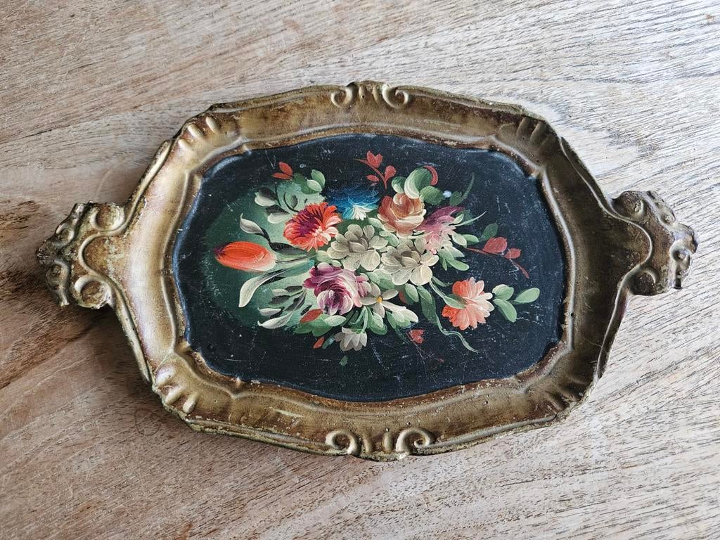 Vintage Florentijns Dienblad - Handgeschilderd & Bladgoud, Ophalen of Verzenden, Rechthoekig, Hout