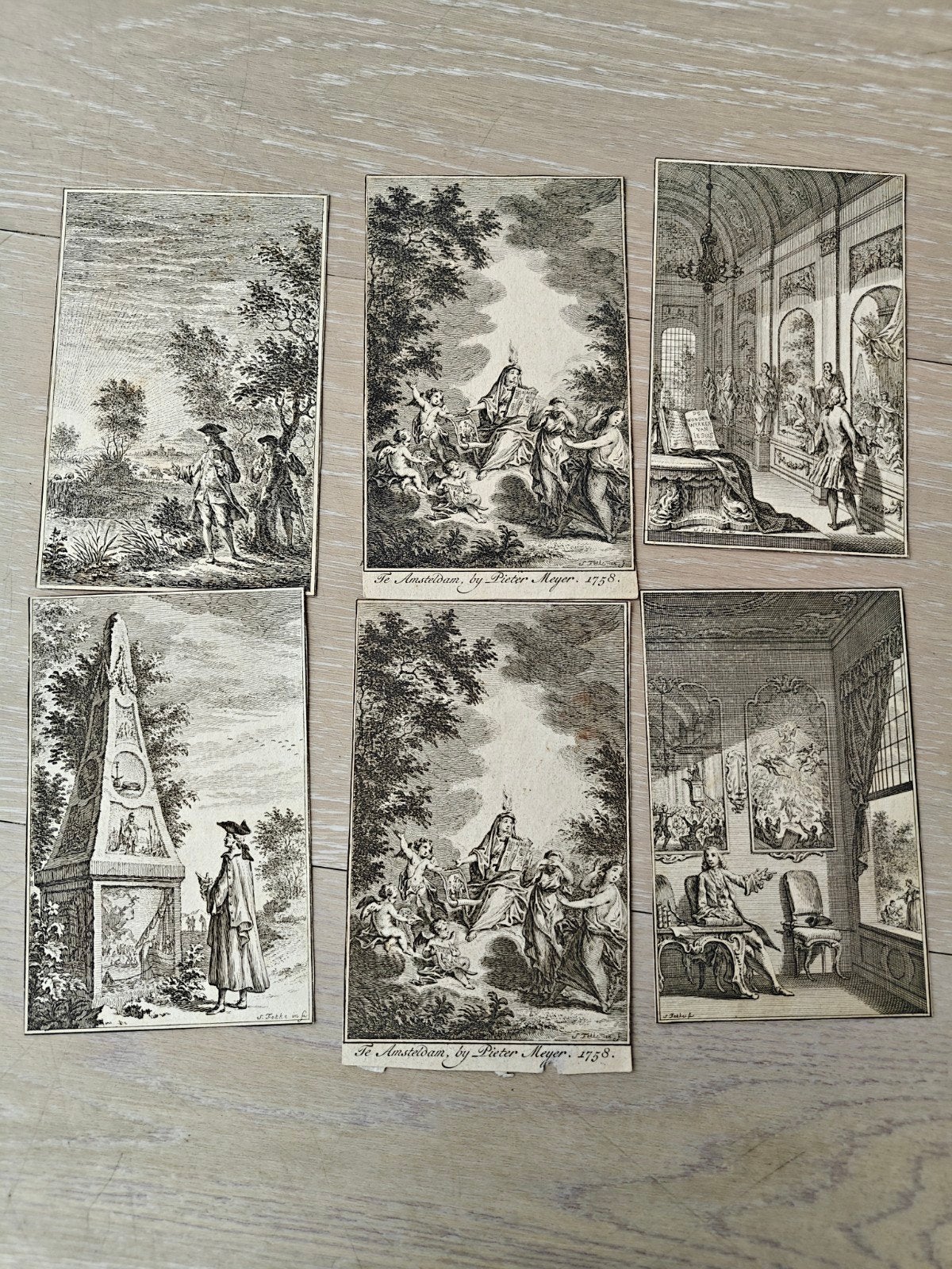 Set van 6 gravures van J. Fokke uitgegeven door Pieter Meyer, Antiek en Kunst, Ophalen, Dagelijks leven, Gravure, Met tekst