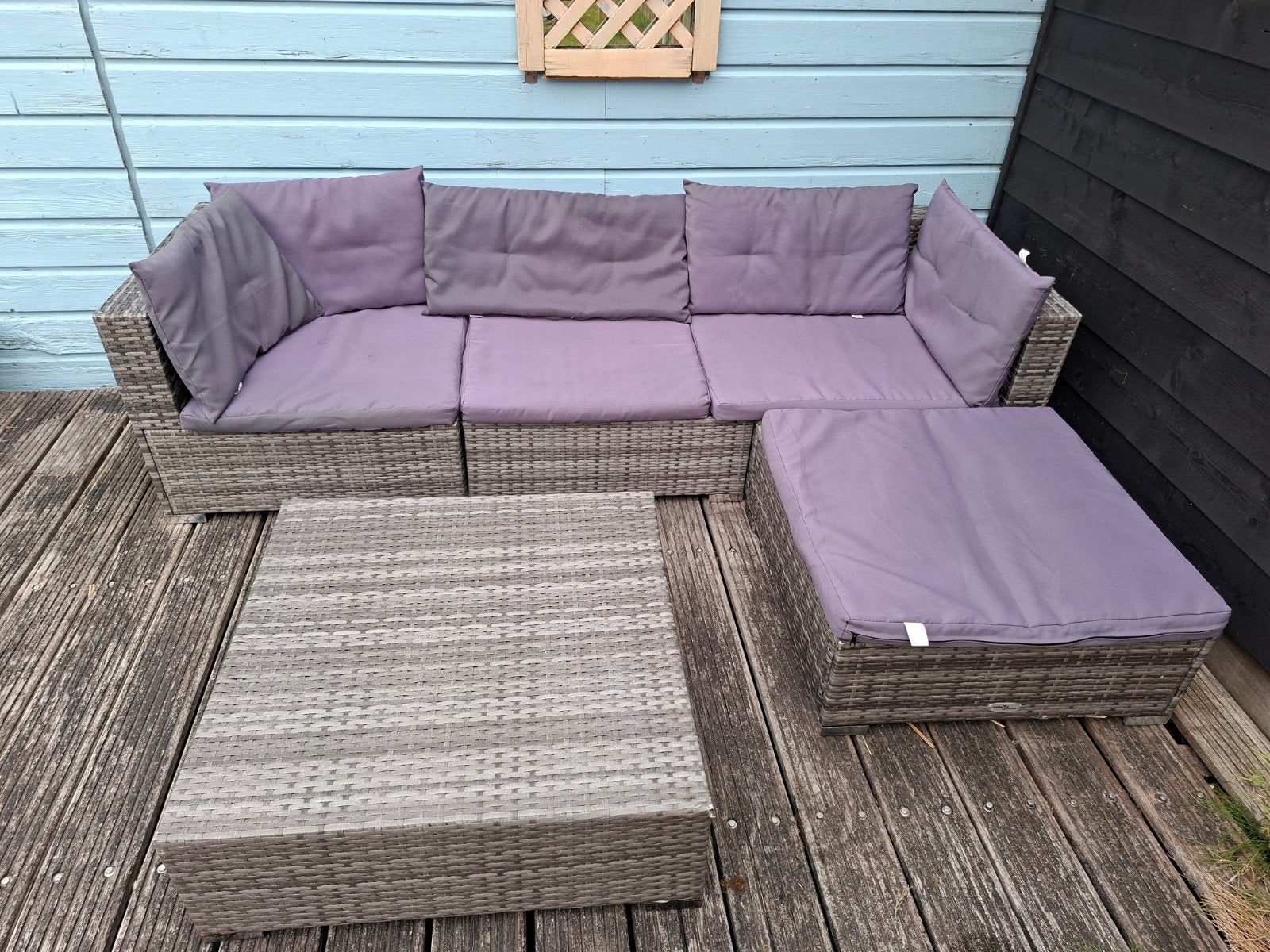 loungeset met kussens en salontafel, Tuin en Terras, Ophalen, 5 zitplaatsen, Gebruikt, Bank