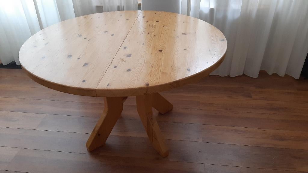 Ronde grenen houten eettafel uitschuifbaar, Huis en Inrichting, Ophalen, Gebruikt, 100 tot 150 cm, Rond