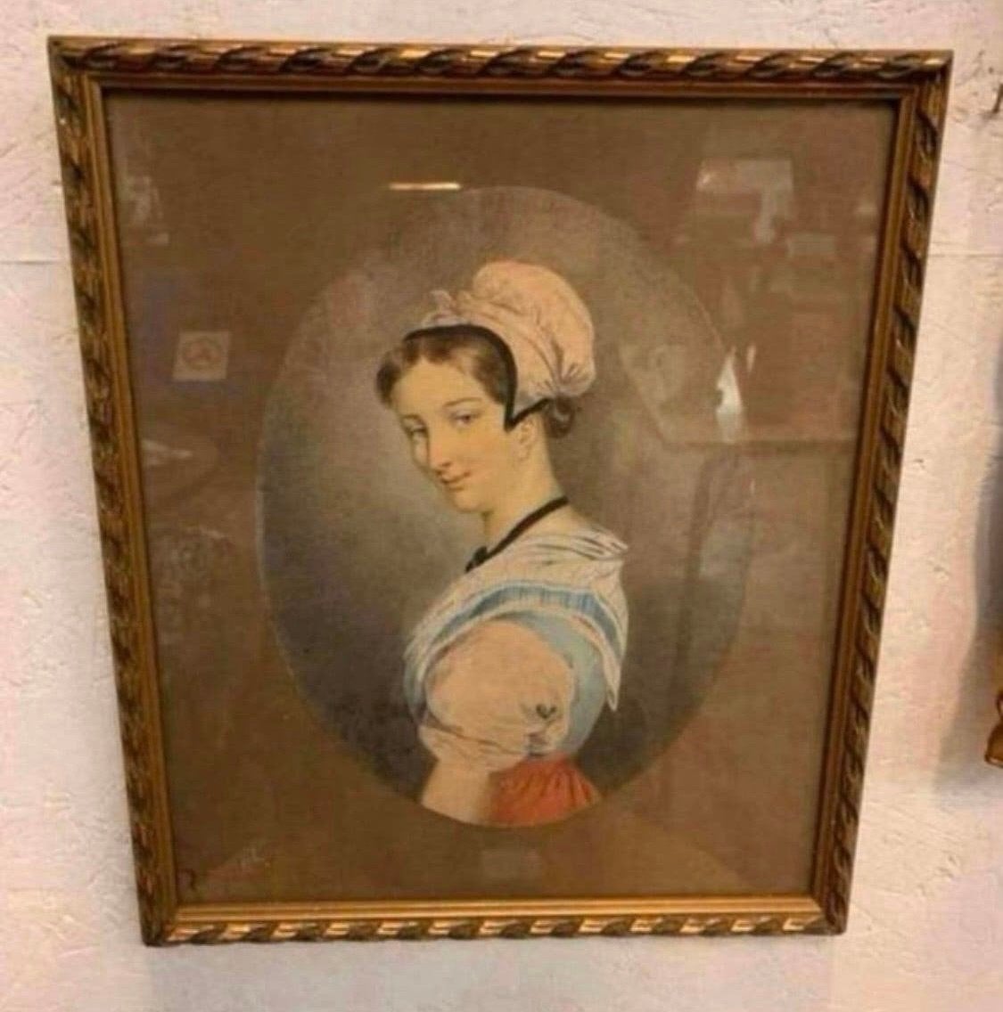 Schilderij aquarel leuke voorstelling portret edelvrouwe ?, Ophalen of Verzenden