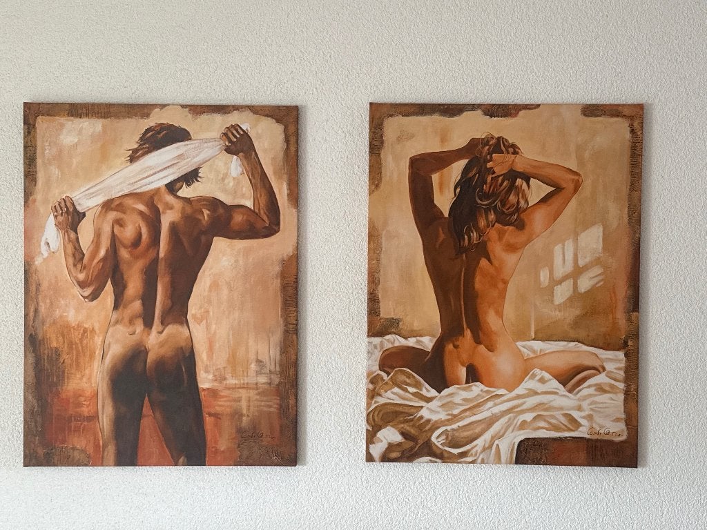 Twee schilderijen - Man & Vrouw, Antiek en Kunst, Kunst | Schilderijen | Klassiek, Overige stijlen, Verzenden, Portret of Personen