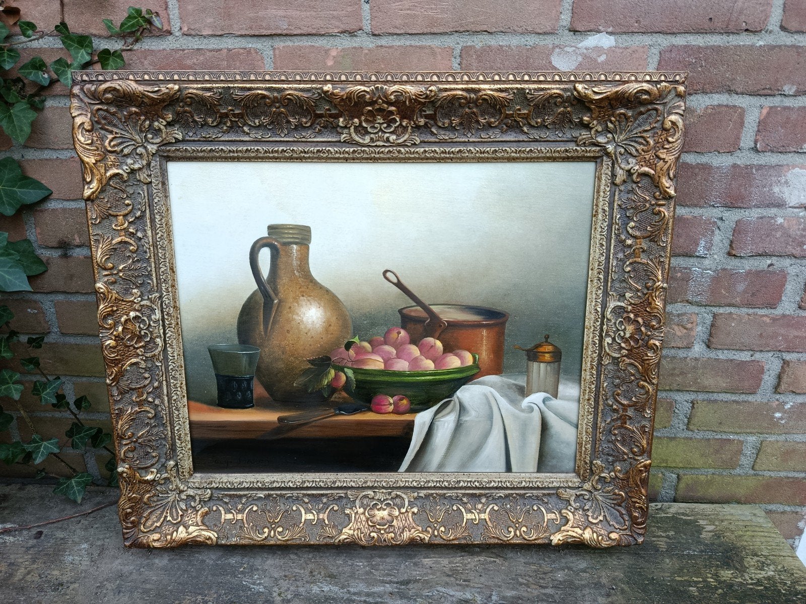 Olieverf Schilderij Stilleven met Perziken en Kruik, Antiek en Kunst, Ophalen of Verzenden