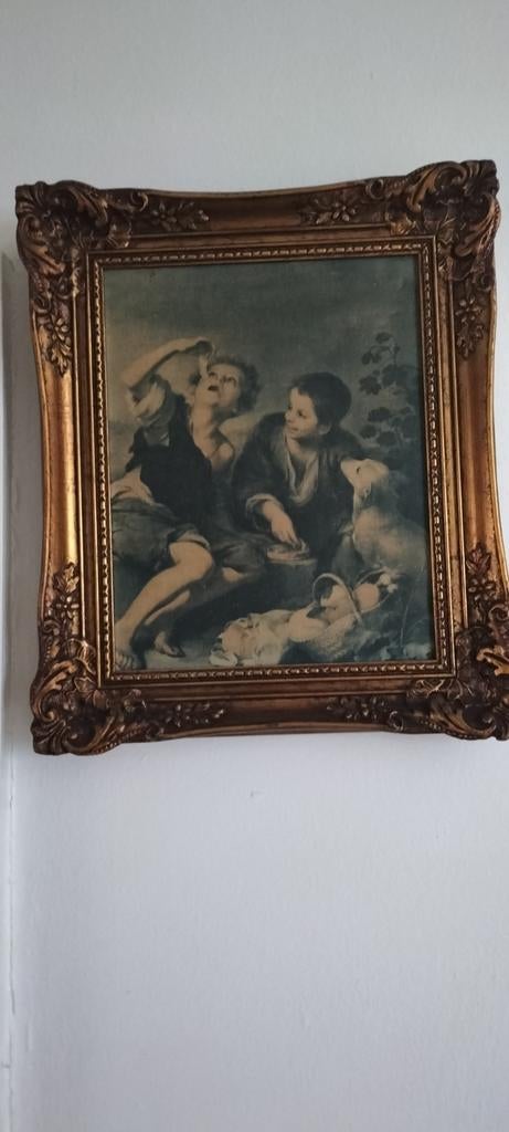 Antieke ingelijste prent van spelende kinderen, Ophalen of Verzenden