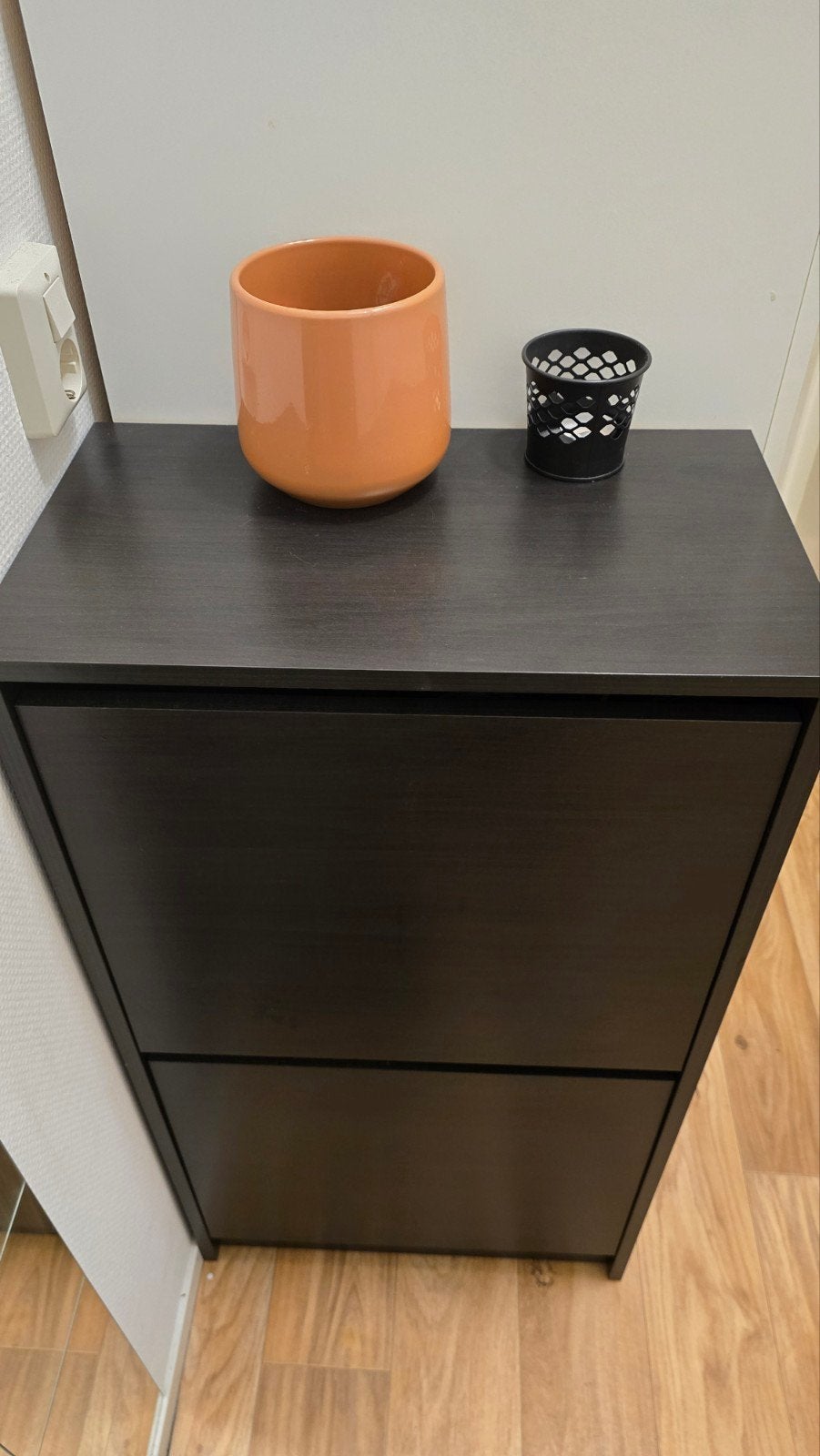 Donkerbruine schoenenkast met 2 lades, Ophalen, Zo goed als nieuw, Modern minimalistisch