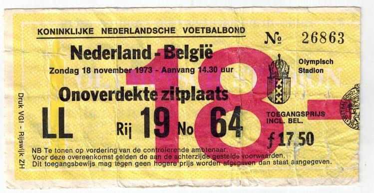 Toegangskaart Nederland - België van 18 november 1973, Ophalen of Verzenden, Gebruikt, Overige typen